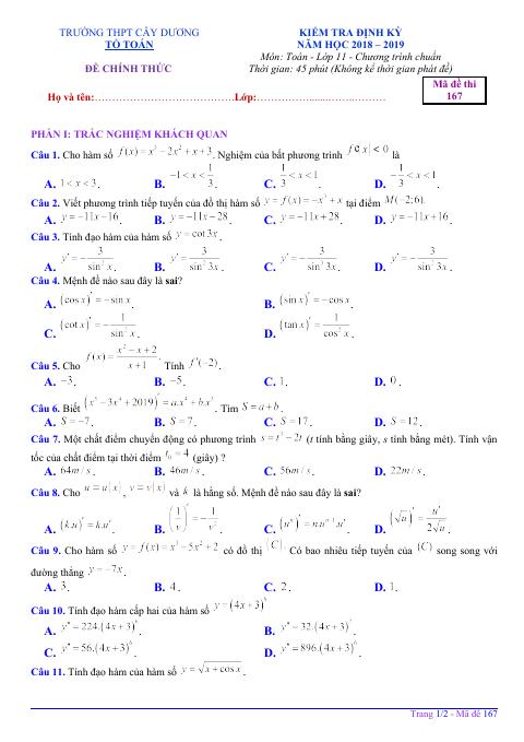 Đề kiểm tra ĐS&GT 11 chương 5 trường THPT Cây Dương – Kiên Giang (bản Word)